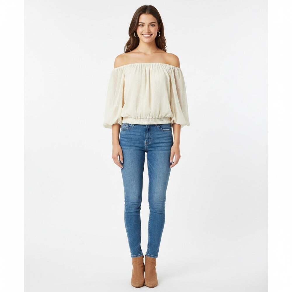 By The River Cream Swiss Dot Off Shoulder Metallic Puff Sleeve Crop Top Size L